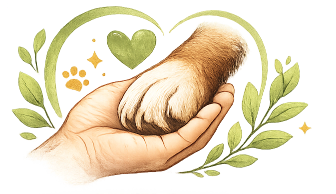 Logo-Symbol: Eine Hundepfote ruht in einer menschlichen Hand, umrahmt von einem grünen Herz.